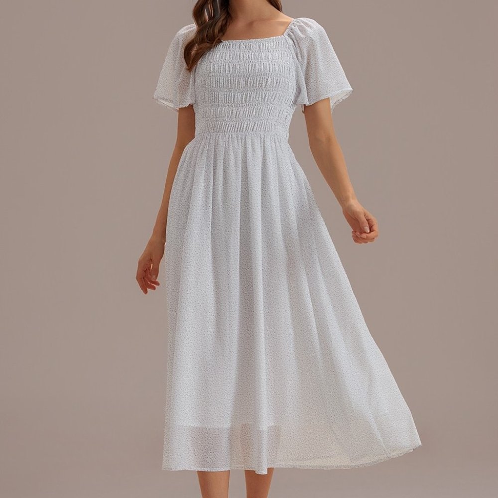 White Floral Short Sleeve Square Neck Midi Dress